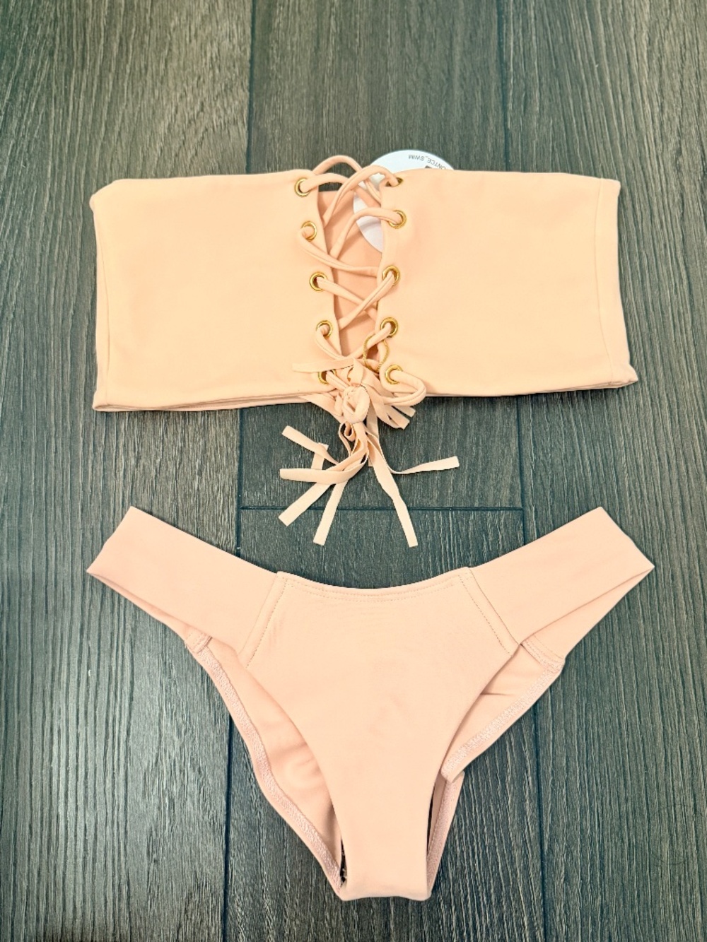 NEW WTIH TAGS Montce Swim Strapless Peach Pink Tie Top + Cheeky Bottom Bikini